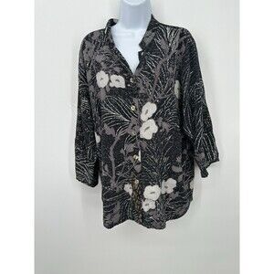 Citron Santa Monica Blouse Top Womens 1X Silk Blend Floral Sheer Peasant V-Neck